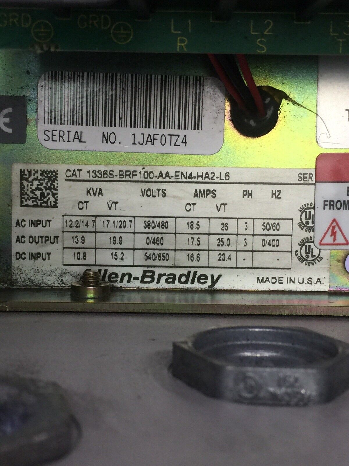 ALLEN BRADLEY 1336S-BRF100-AA-EN4-HA2-L6 DRIVE AC INPUT 380/480V AC OUTPUT 460V