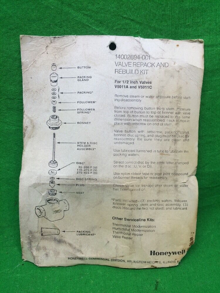 HONEYWELL VALVE REPACK AND REBUILD KIT 14002694-001 FOR 1/2", 3/4", AND 1" VALV
