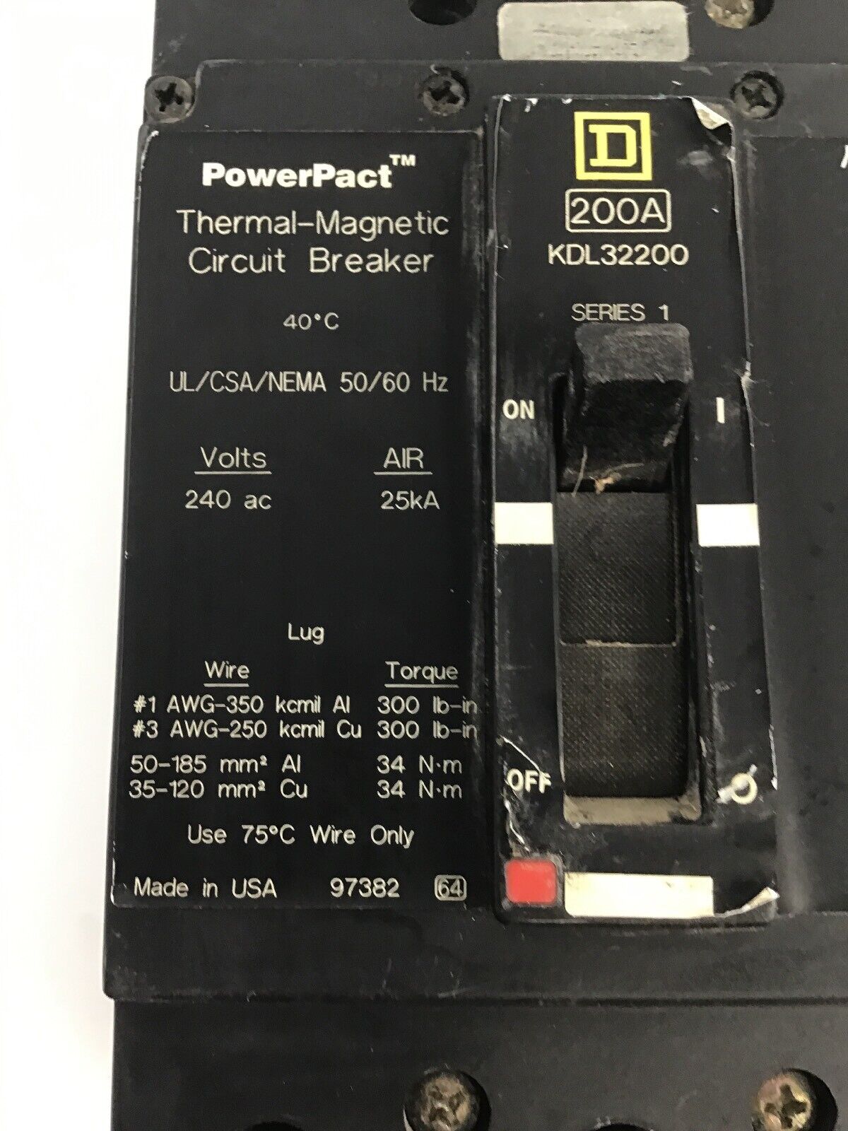 SQUARE KDL32200 200A SER.1 POWER PACT THERMAL-MAGNETIC CIRCUIT BREAKER 240VAC/25