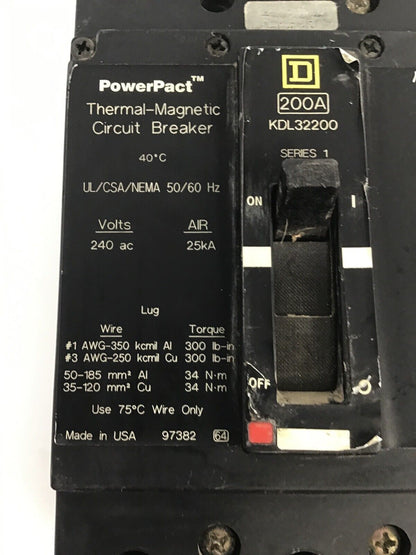 SQUARE KDL32200 200A SER.1 POWER PACT THERMAL-MAGNETIC CIRCUIT BREAKER 240VAC/25