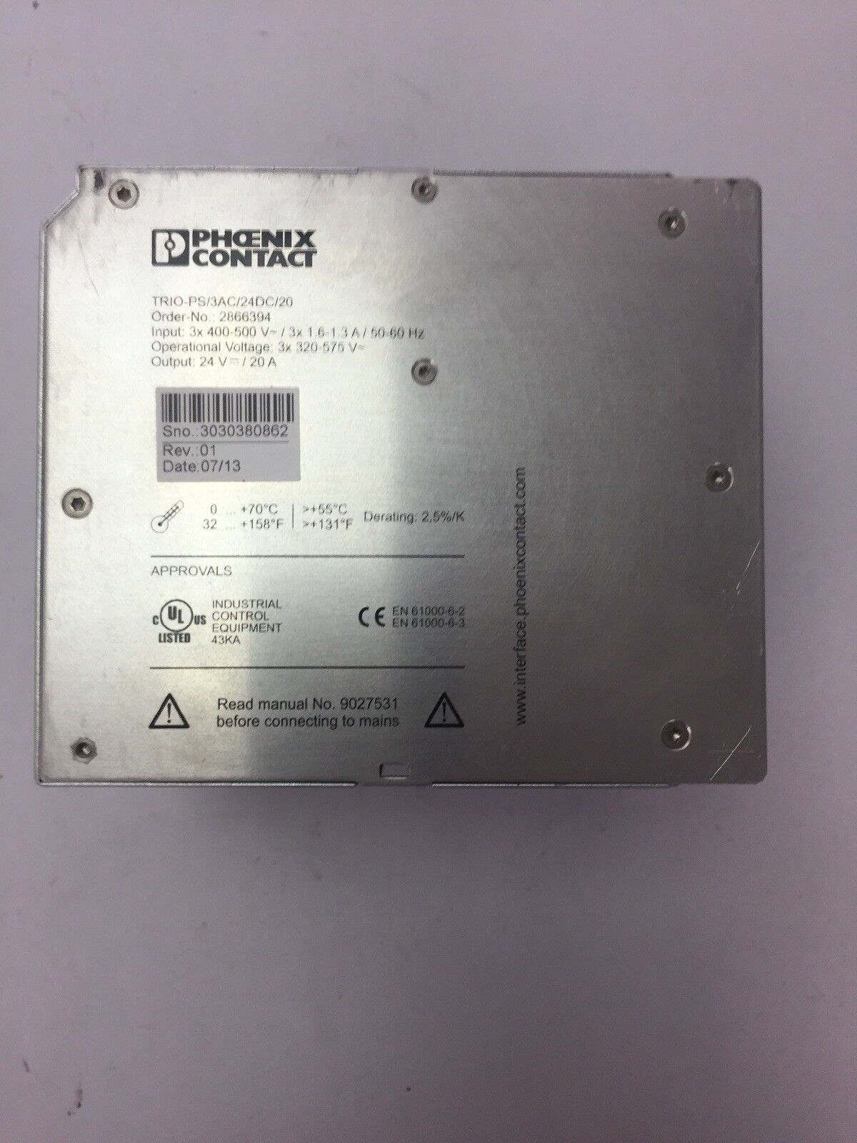 PHOENIX CONTACT TRIO-PS/3AC/24DC/20 POWER SUPPLY OUTPUT 24VDC 20A
