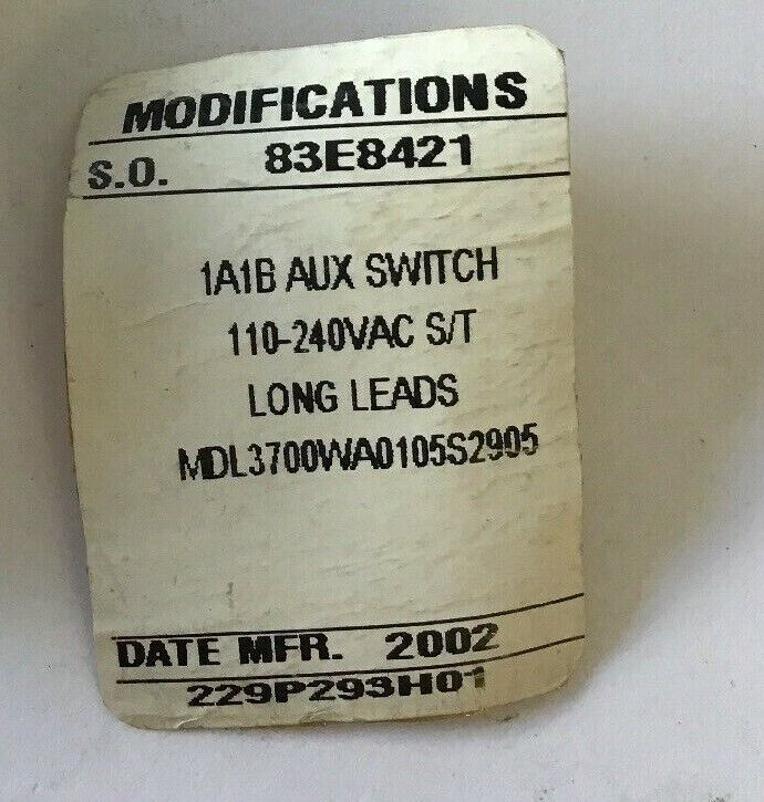 WESTINGHOUSE 83E8421 1A-1B AUX SWITCH 110-240VAC S/T LONG LEADS