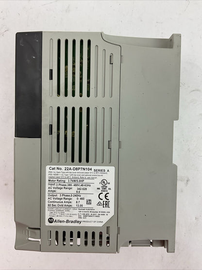 ALLEN BRADLEY 22A-D8P7N104 SER A FRN 6.01 AC DRIVE OUTPUT 0-460VAC 8.7A