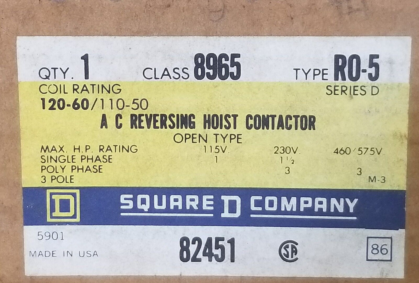 Square D 8965 R05 Series D Hoist Contactor  440-575V 50-60Hz
