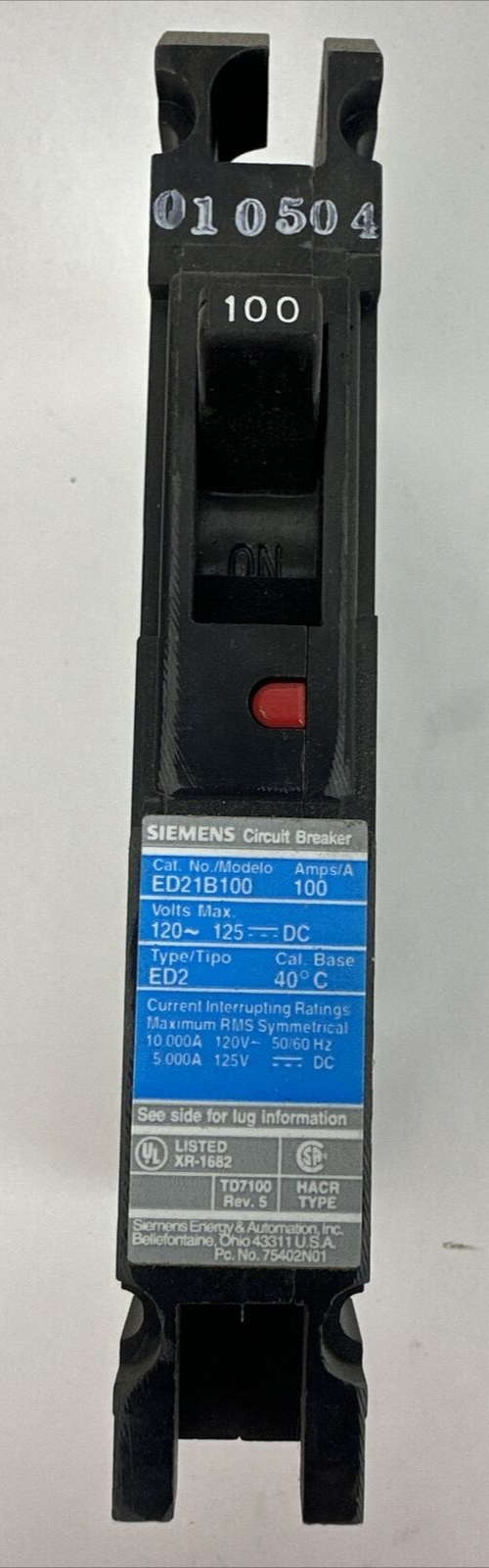 SIEMENS ED21B100 CIRCUIT BREAKER 120VAC 125VDC 100AMP 1POLE