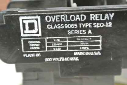 SQUARE D 9065 SEO-12 THERMAL OVERLOAD RELAY / 600VAC / 360VA / 0-120VAC / 3A