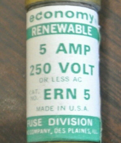 BOX of 10 / ECONOMY ERN5 RENEWABLE FUSE / 5A / 250V / NEW SURPLUS / ERN 5