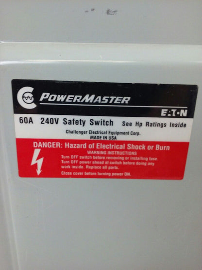 POWER MASTER, G322NFK, SAFETY SWITCH, 60A, 3 POLE, 240V, NON FUSIBLE, USED