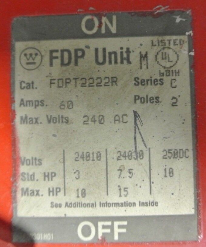 WESTINGHOUSE FDPT2222R FDP UNIT - PANELBOARD SWITCH - 240V, 60A, 2-POLE