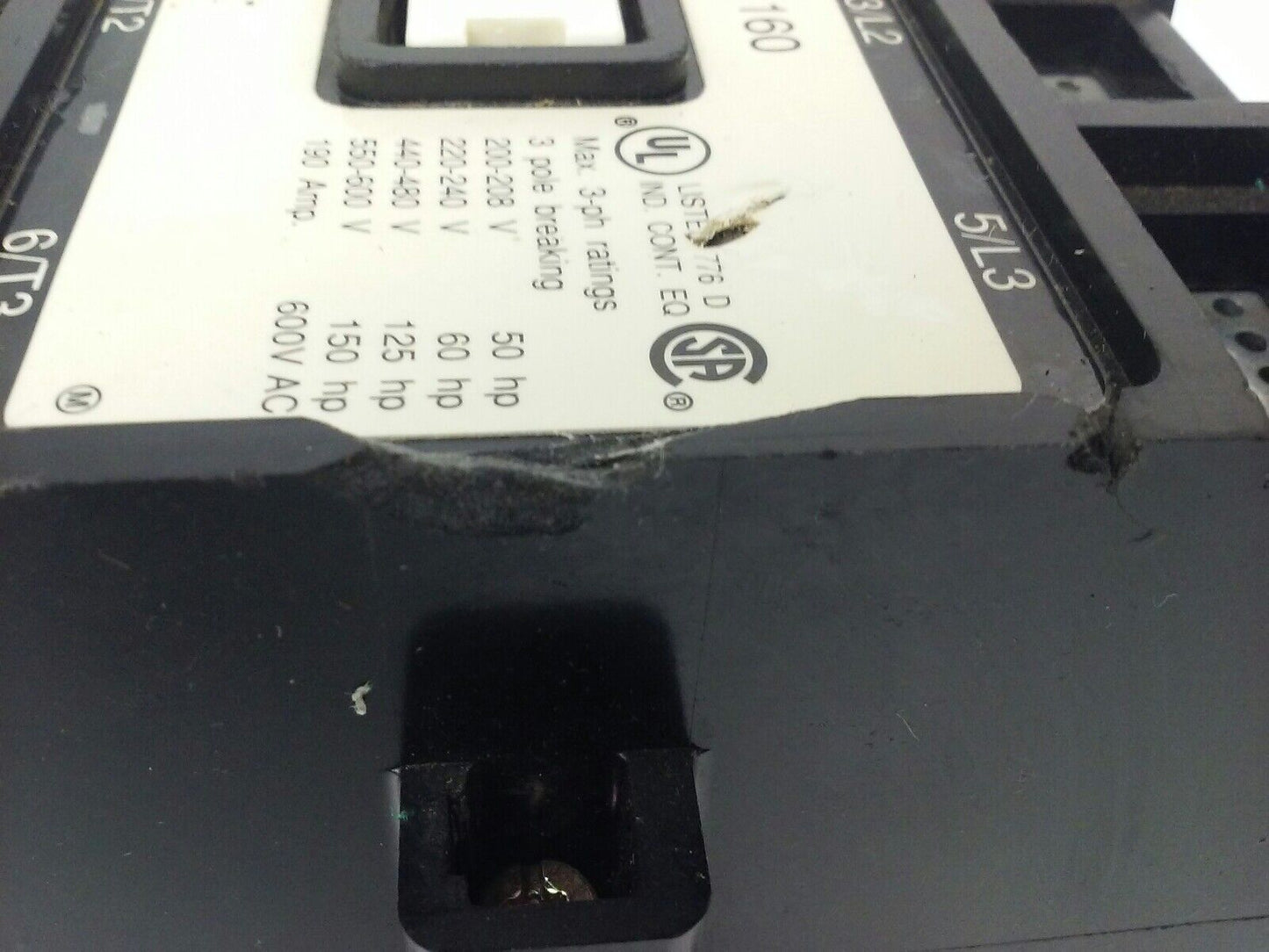 ABB EH160 CONTACTOR, 3PH, 3P BREAKING, 600V, 50-150H.P., 190A, CHIP PLASTIC