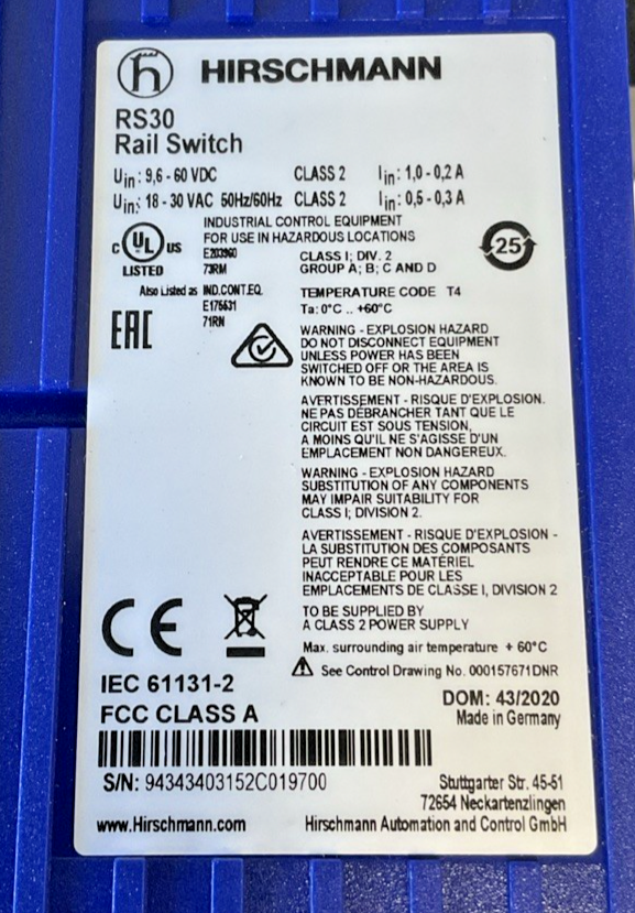 HIRSCHMANN RS30-0802O6O6SDAEHH09.1.00 RAIL SWITCH 60VDC 30VAC