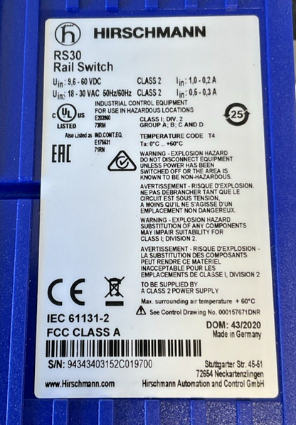 HIRSCHMANN RS30-0802O6O6SDAEHH09.1.00 RAIL SWITCH 60VDC 30VAC