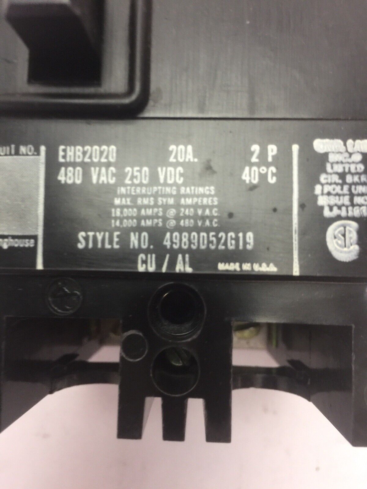 WESTINGHOUSE EHB2020 THERM MAG BREAKER 20AMP 480VAC 250 VDC 2POLE 4989D52G19