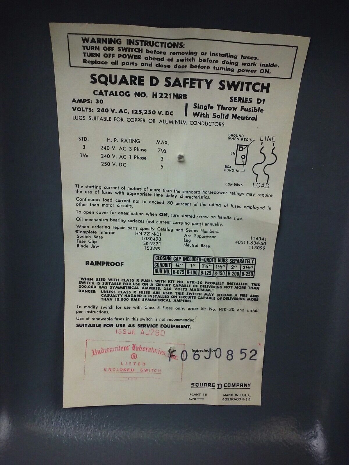 SQUARE D H221NRB SERIES D1 SAFETY SWITCH 30A 240VAC 125/250VDC 2POLE FUSIBLE