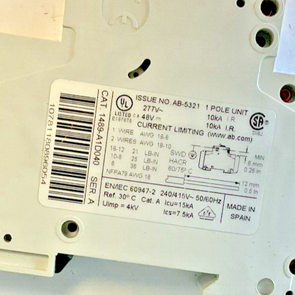 ALLEN BRADLEY 1489-A1D040 SER.A CIRCUIT BREAKER