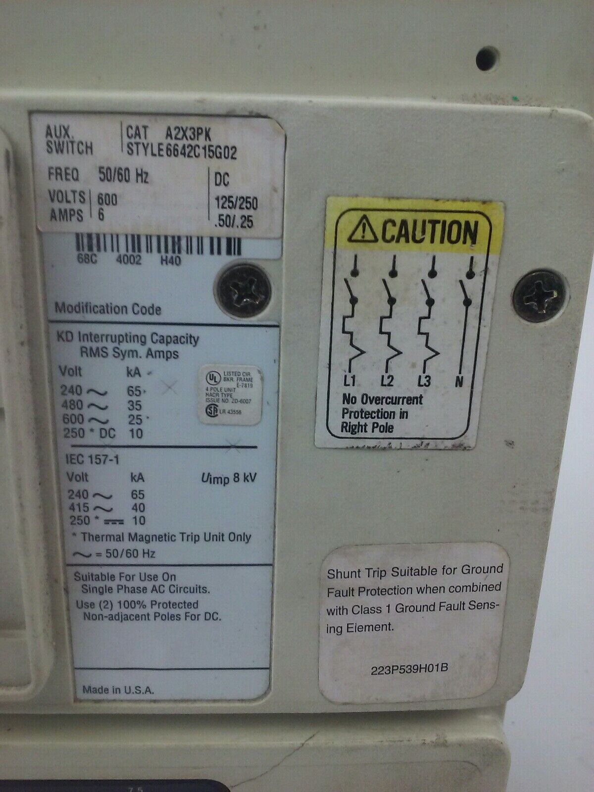 CUTLER HAMMER CIRCUIT BREAKER KD4400F 400A 4P 600V 300A TRIP KT3300T SNT3P11K