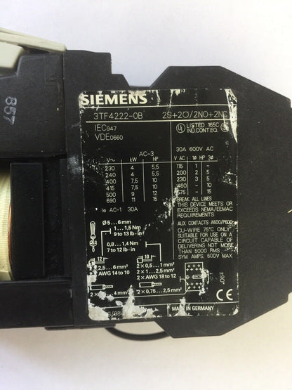 SIEMENS 3TF4222-0B CONTACTOR 15HP 600VAC 30A 2S+2O/2NO+2NC COIL 24VDC