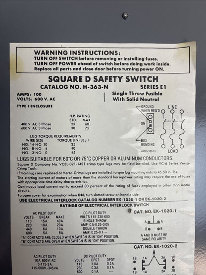 SQUARE D H-363-N SER E1 SAFETY SWITCH 600VAC 100A FUSIBLE 75HP TYPE 1 ENCLOSURE