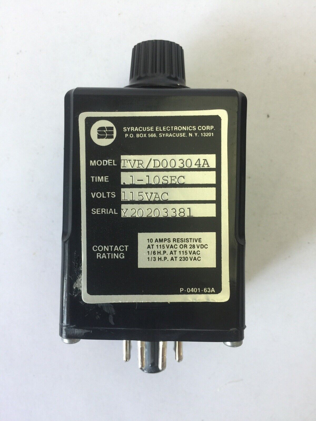 SYRACUSE ELECTRONICS TVR/D00304A TIME DELAY RELAY 115VAC 0.1-10SEC