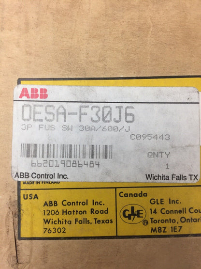ABB OESA-F30J6 DISCONNECT FUSIBLE SWITCH 3 POLE 30 A 600 V