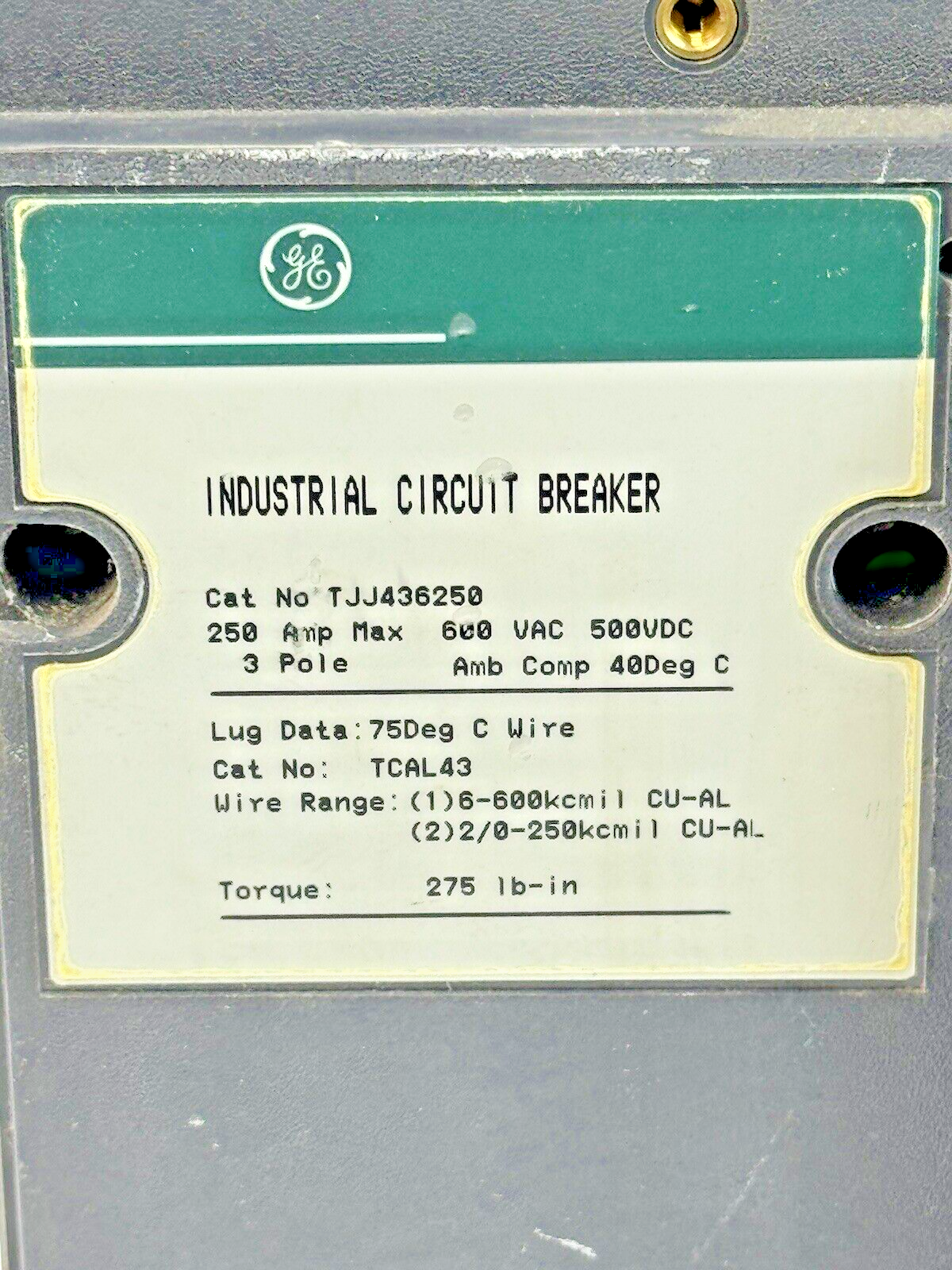 GE - TJJ436250 - IND. CIRCUIT BREAKER W/ 250A TRIP UNIT - 3 POLE/600 VAC/250A
