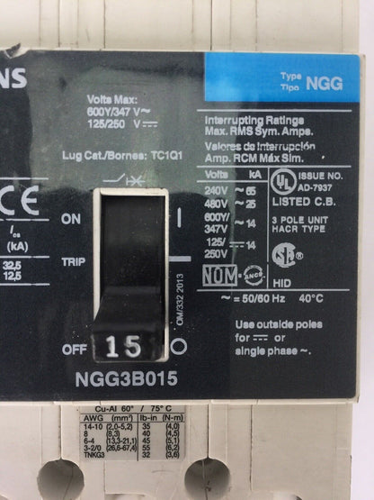 SIEMENS NGG3B015 CIRCUIT BREAKER 600Y/347 VAC 250 VDC 15 AMP 3 POLE TYPE NGG