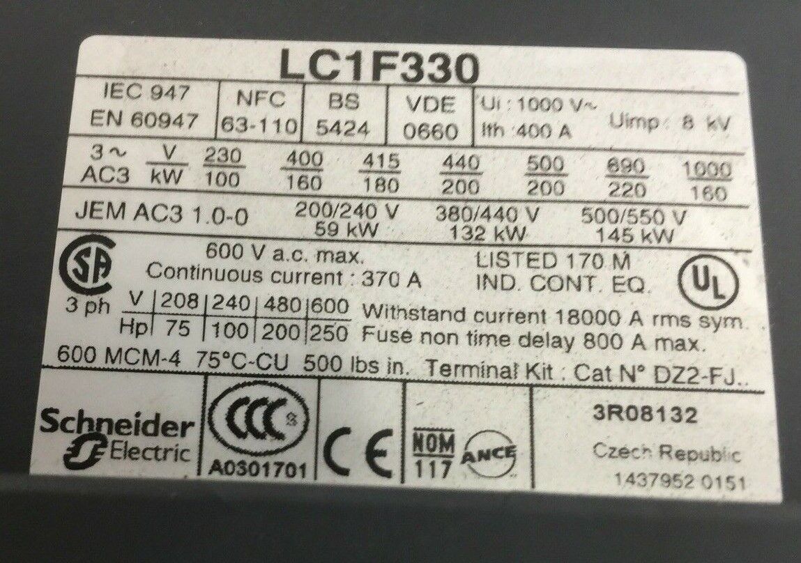 TELEMECANIQUE LC1F330 CONTACTOR 600VAC 250HP 370A LX1FH1102 110-115V 40-400HZ