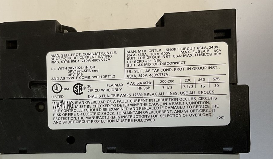SIEMENS 3RV1021-4BA16 CIRCUIT BREAKER 20A 50/60HZ