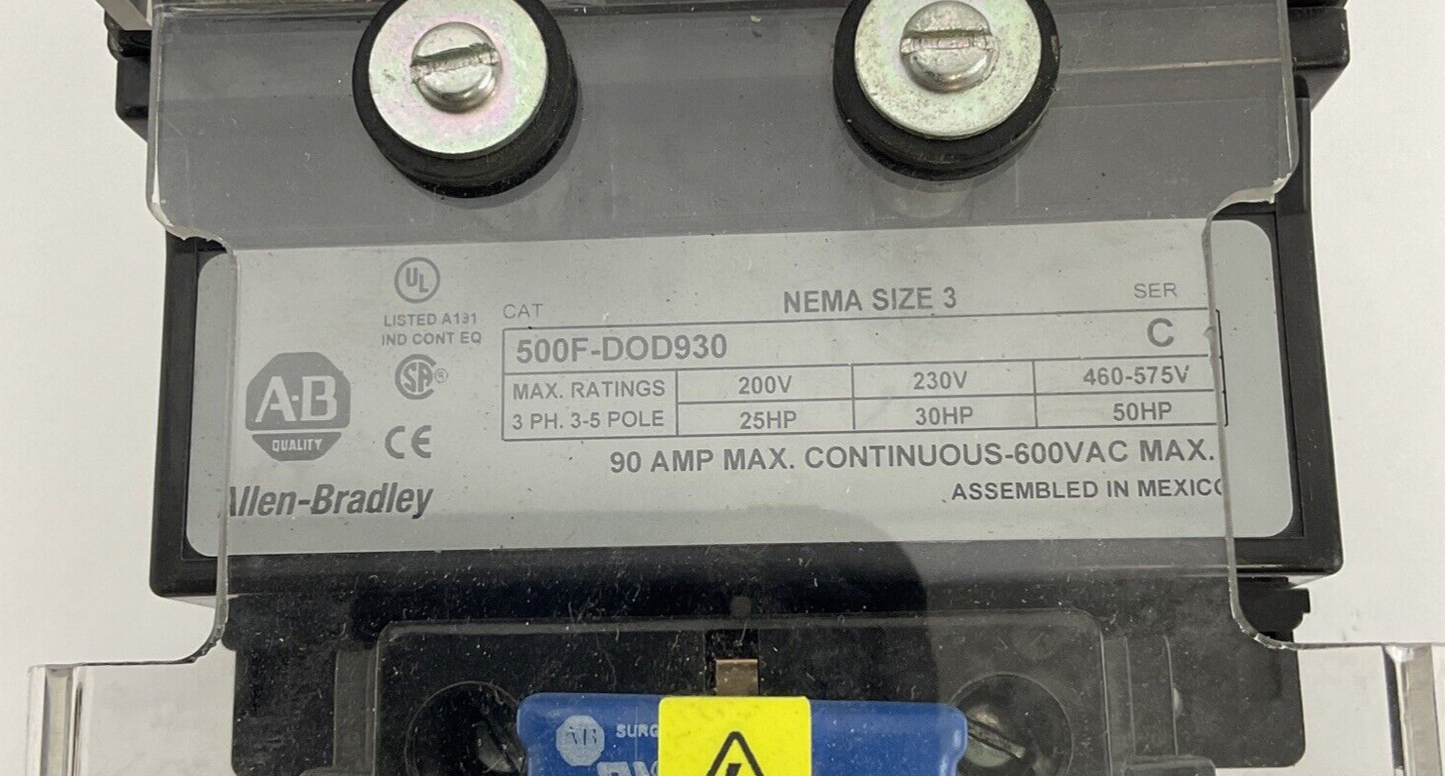 ALLEN BRADLEY 500F-DOD930 STARTER SER.C SIZE3 600V 50HP 600VAC