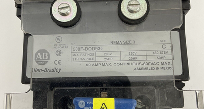 ALLEN BRADLEY 500F-DOD930 STARTER SER.C SIZE3 600V 50HP 600VAC