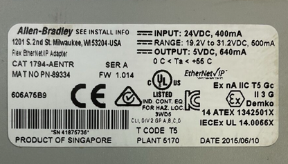 ALLEN BRADLEY 1794-AENTR SER A FW 1.014 ETHERNET/IP REDUNDANT MEDIA ADAPTER FLEX