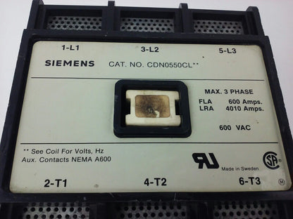 SIEMENS CDN0550CL, CONTACTOR,  600VAC, 3PH, FLA 600A, LRA 4010A, NEMA A600, NEW