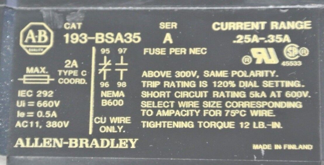 ALLEN-BRADLEY 193-BSA35 BI-METALLIC OVERLOAD RELAY 0.25A-0.35A / NEW SURPLUS