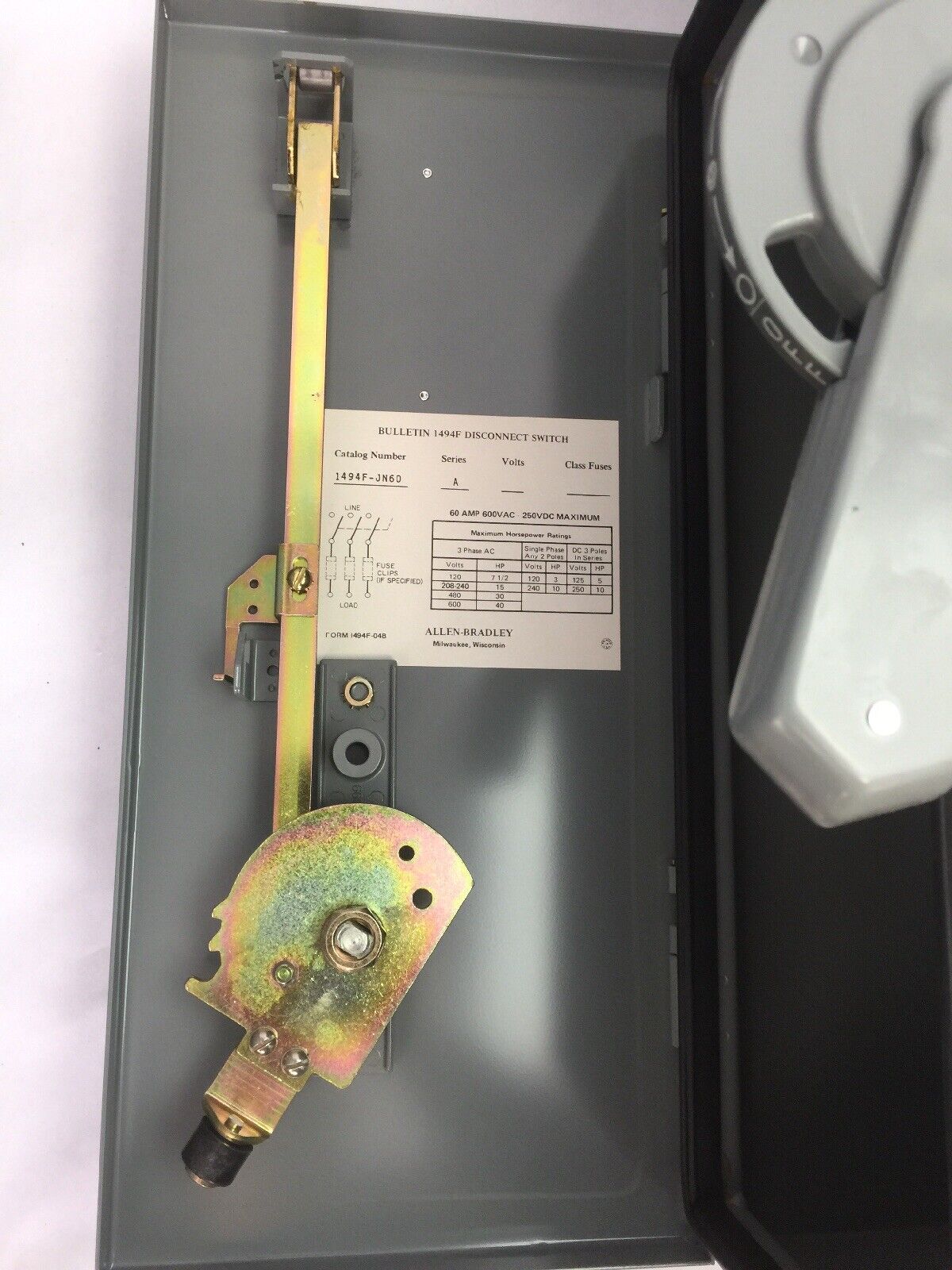 ALLEN BRADLEY 1494F-JN60 NON-FUSIBLE DISCONNECT SAFETY SWITCH 60AMP 3PH 3 POLE