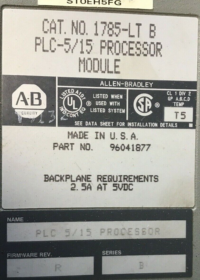 ALLEN BRADLEY 1785-LT B PLC-5/15 PROCESSOR MODULE 2.5A AT 5VDC SER.B REV.R