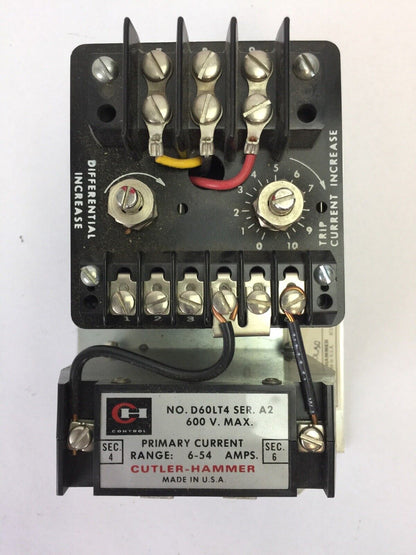 CUTLER HAMMER D60LA0 ADJUSTABLE CURRENT RELAY TRANSFORMER D60LT4 600V 6-54A