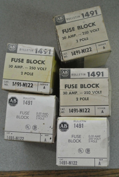 LOT of 5 / ALLEN-BRADLEY 1491-N122 FUSE BLOCK 30A, 250V, 2-POLE - NEW SURPLUS