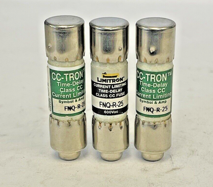 BUSSMANN *LOT OF 3* - FNQ-R-25 - 25 AMP, 600 VAC, TIME-DELAY, CLASS CC FUSES