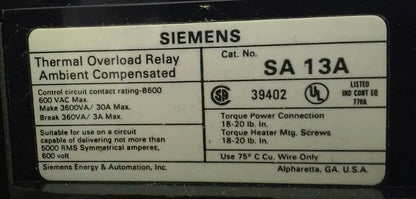 SIEMENS SRLCO240 REVERSING STARTER, SXLCO, 3PH, 27A, 600V,10HP, 240V COIL, SA13A