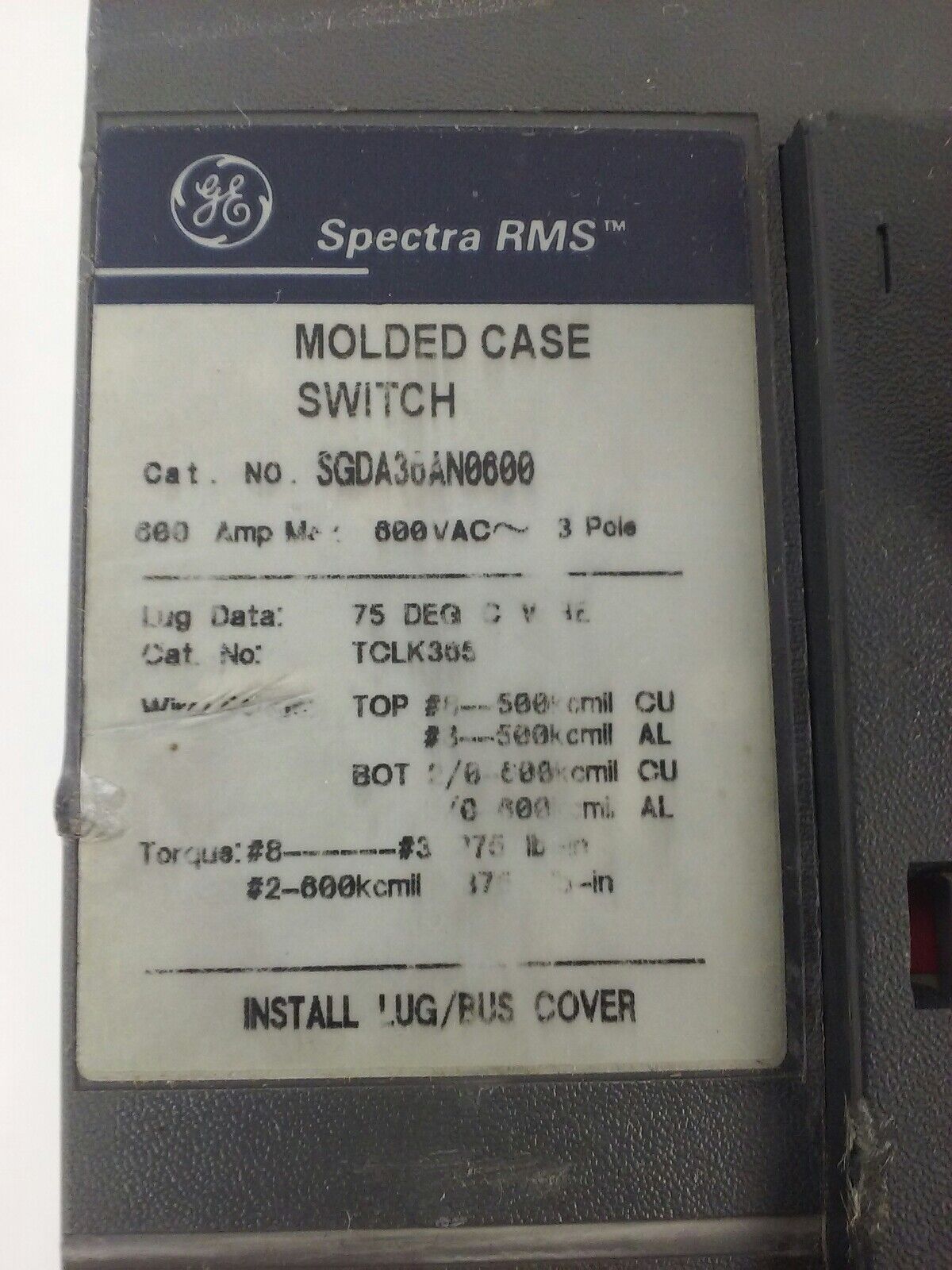 GE SGDA36AN0600 SPECTRA RMS CIRCUIT BREAKER, MOLDED CASE, 3P, 600A, 600V, 200kA