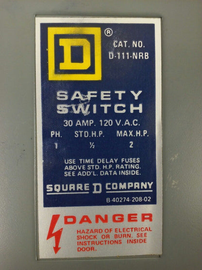 SQ.D D-111-NRB, SER. E1, SAFETY SWITCH, 1P, 30A, 120V, STD H.P. 1/2, MAX H.P 2