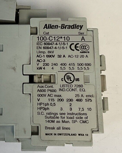 ALLEN BRADLEY 100-C12*10 CONTACTOR SER.A 600VAC 20A