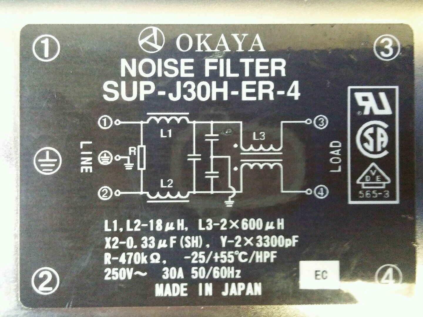 OKAYA SUP-J30H-ER-4 THREE PHASE NOISE FILTER 250V 30A 50/60Hz