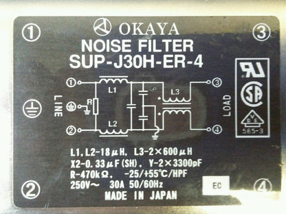 OKAYA SUP-J30H-ER-4 THREE PHASE NOISE FILTER 250V 30A 50/60Hz