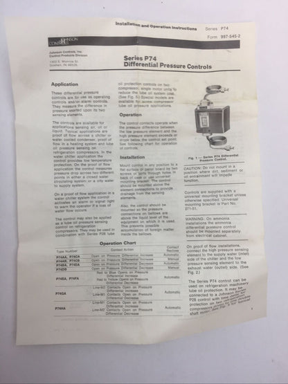 JOHNSON CONTROLS P74DA-8 DIFFERENTIAL PRESSURE CONTROL