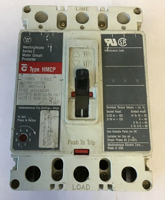 WESTINGHOUSE HMCP007C0 CIRCUIT PROTECTOR SER.C 7AMP 3POLE 600VAC-250VDC