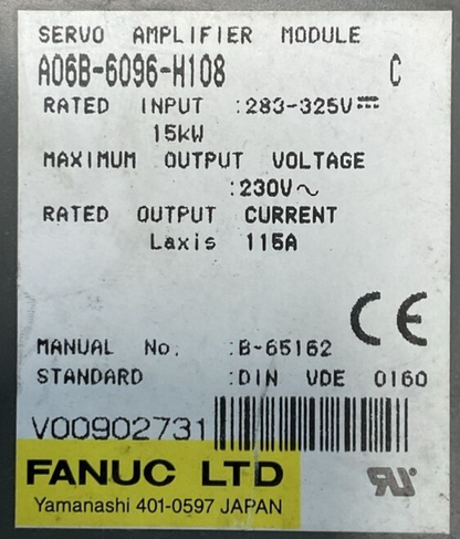 FANUC A06B-6096-H108 SERVO AMPLIFIER MODULE SER C OUTPUT 230VAC INPUT 283-325VDC