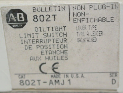 ALLEN-BRADLEY 802T-AMJ1 OILTIGHT LIMIT SWITCH / LEVER TYPE / MAINT / NEW SURPLUS