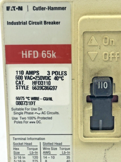 EATON - CUTLER-HAMMER - HFD3110 - CIRCUIT BREAKER - 3POLE/110A/600 VAC/HFD65K