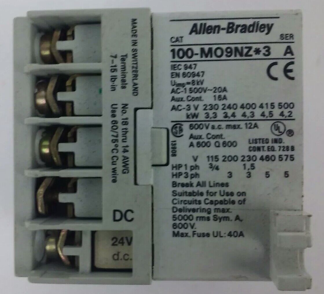 ALLEN BRADLEY 100-M09NZ*3 SER. A CONTACTOR AC-500V-20A, 600V MAX 12A, 24VDC COIL